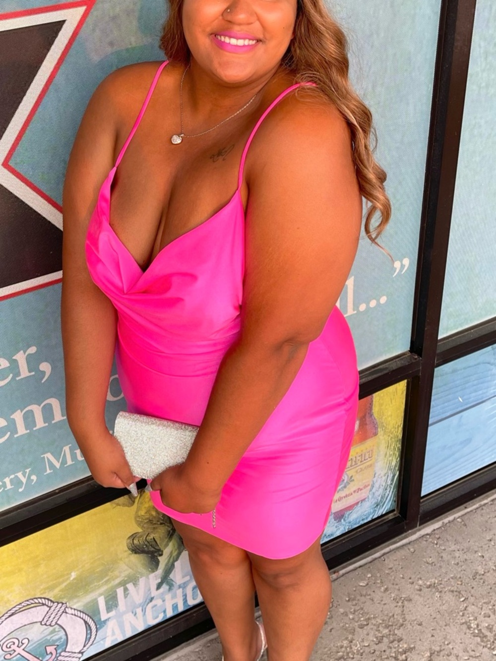 Pink Spaghetti-Strap Cowl Neck Dress